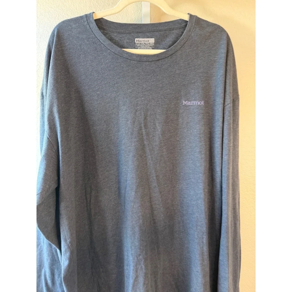 Marmot Mens XXL Long Sleeve Graphic T-Shirt Heather Blue Mountain Back Print - Picture 3 of 7